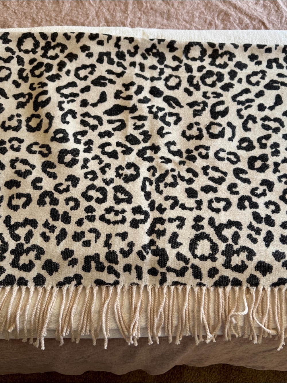 Leopard Print Fringe Scarf Wrap- Black on Cream